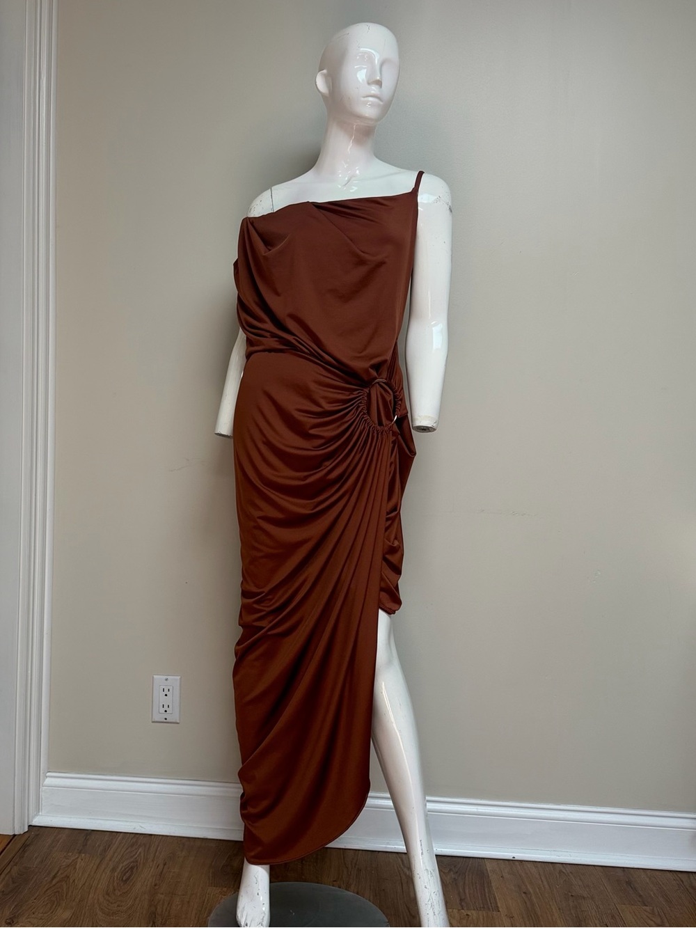 ASOS Design Asymmetric Drape Midi Ruched Dress Brown O-Ring One Shoulder  Sz 12